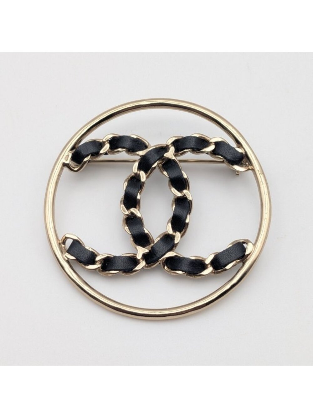 Chanel Brooch CC Logo Leather Chain Gold Black Circle Sheer Recent Model